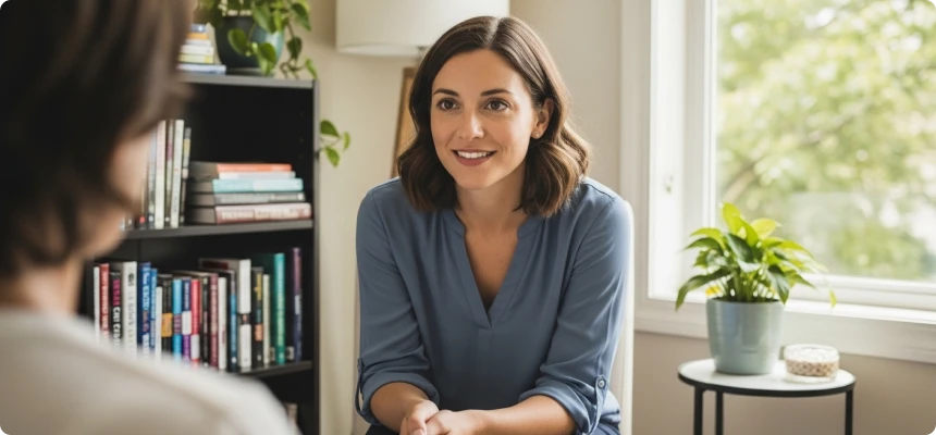 Kognitiv terapeut i samtale med pasient under eksponering og atferdsaktivering i terapi