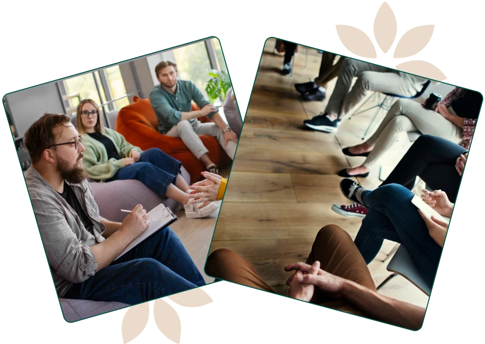 Gruppe mennesker i terapeutisk samtale i et moderne terapilokale i Oslo.