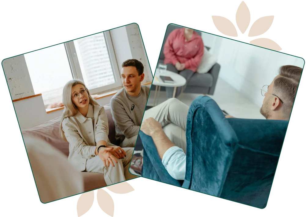 Familieterapeut veileder familie gjennom samtale for å forbedre kommunikasjon og relasjoner i hjemmet.