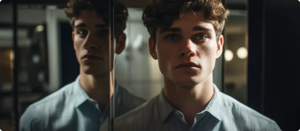 Person som sitter i et svakt opplyst rom og virker følelsesmessig opprørt.