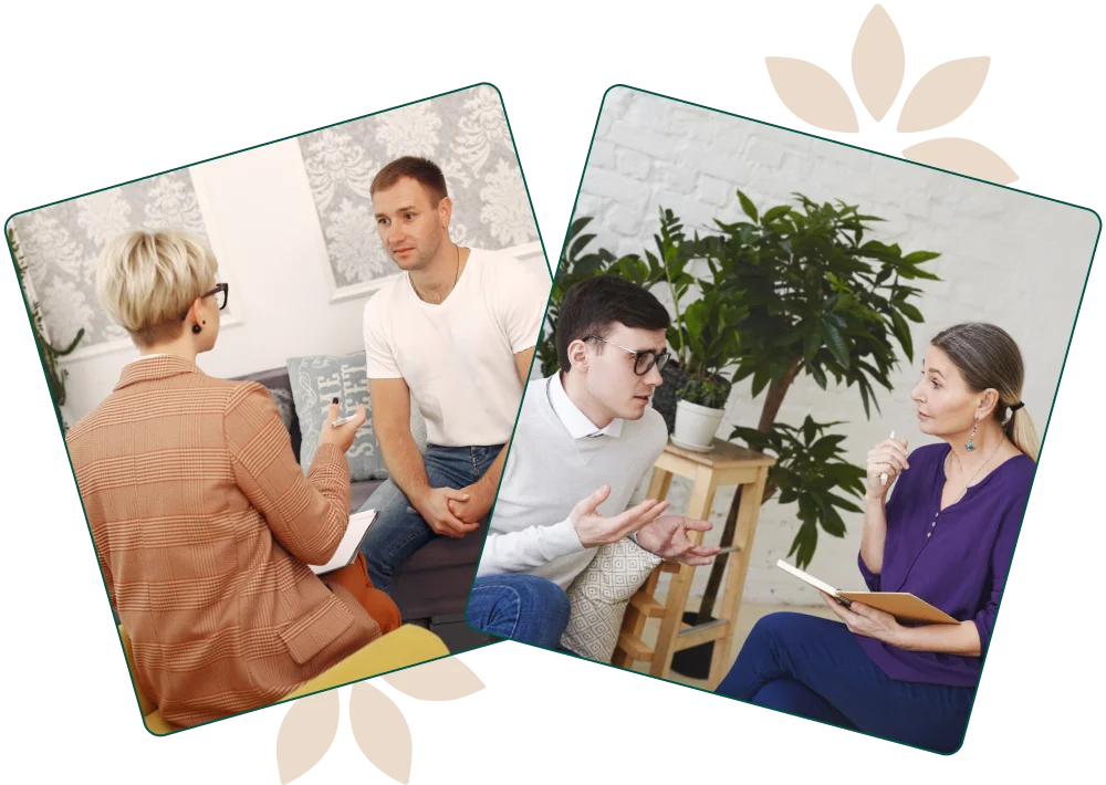 Gruppeterapitime med en terapeut som veileder flere deltakere.