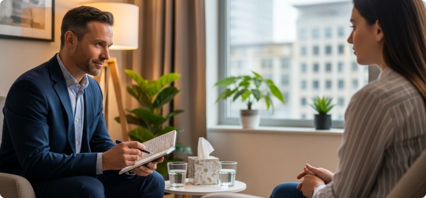 En kognitiv terapeut sitter i samtale med en kvinne i et lyst kontor, mens han noterer i en notatbok.